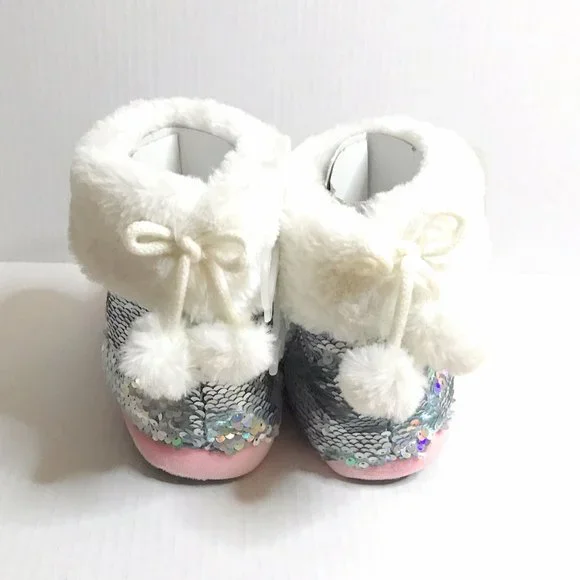 Girls Silver White Booties with Sequins, Warm Sparkly Slippers, Great Gift NWT - Picture 4 of 8
